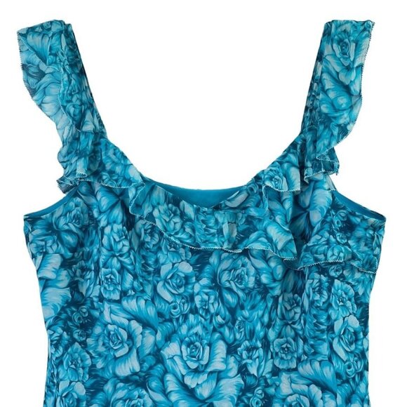 Ann Taylor Women's L Floral Ruffle Sleeveless Top 100% Silk Lined Teal Flowy - Picture 7 of 11
